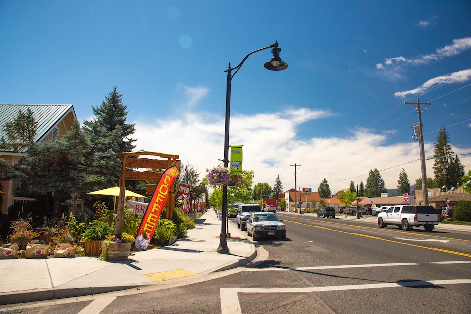 Street with cars and businesses